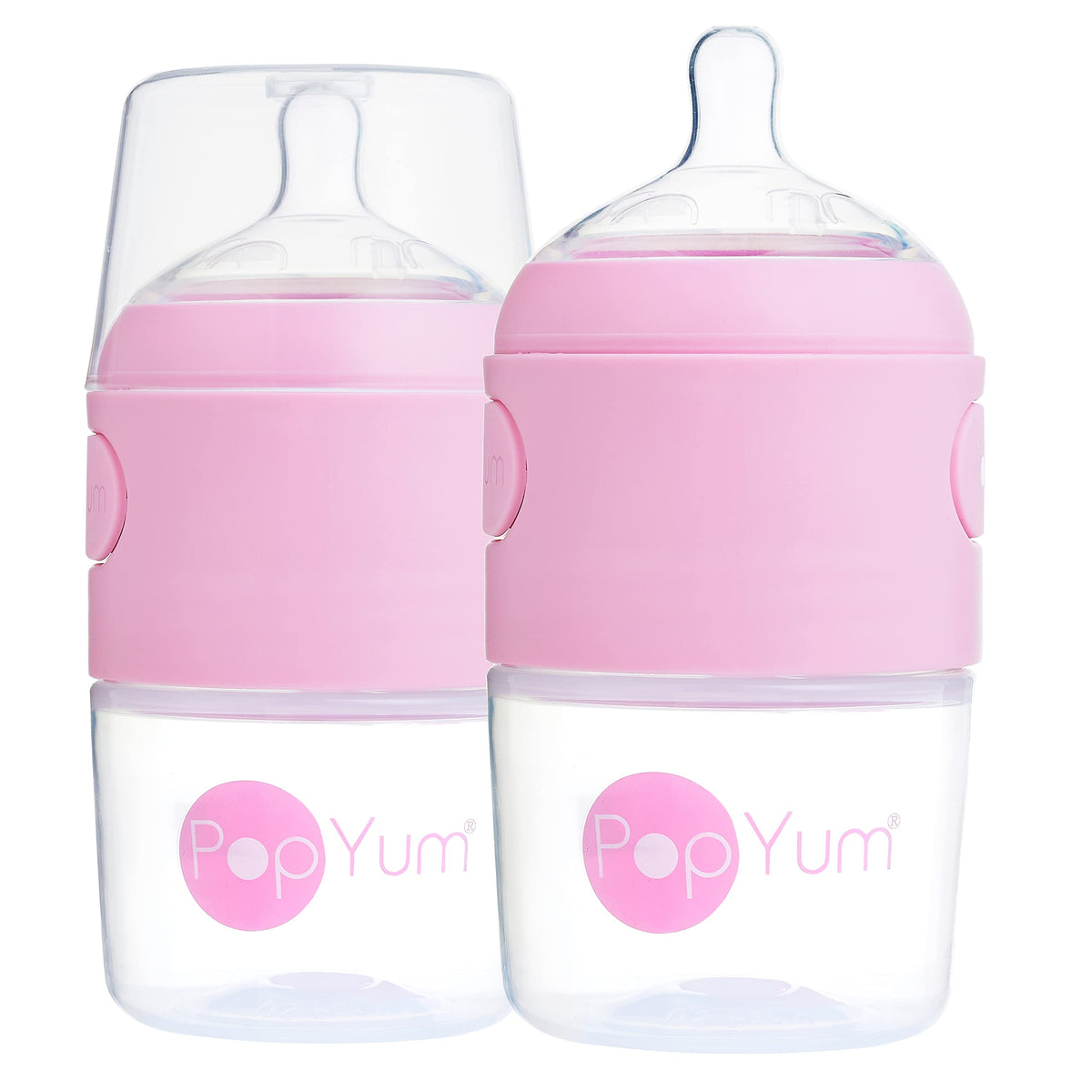 PopYum 5 oz Pink Anti-Colic Formula Making/Mixing/Dispenser Baby Bottles, 2-Pack with #1 Slow Flow , 150 ml, BPA-Free, Natural Latch