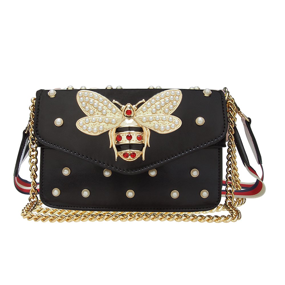 Beatfull Designer Bee Purse Fashion Crossbody Bags with Pearl for Women Pu Leather Shoulder Clutch Handbags - Black