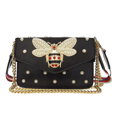 Beatfull Designer Bee Purse Fashion Crossbody Bags with Pearl for Women Pu Leather Shoulder Clutch Handbags - Black
