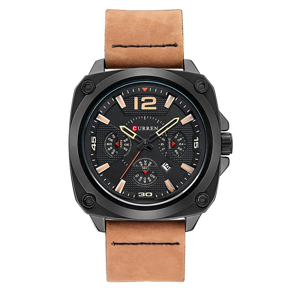 Curren 8260 Sports Leather Strap Analog Dail Watch Alloy Case Quartz Watch - Black, Brown