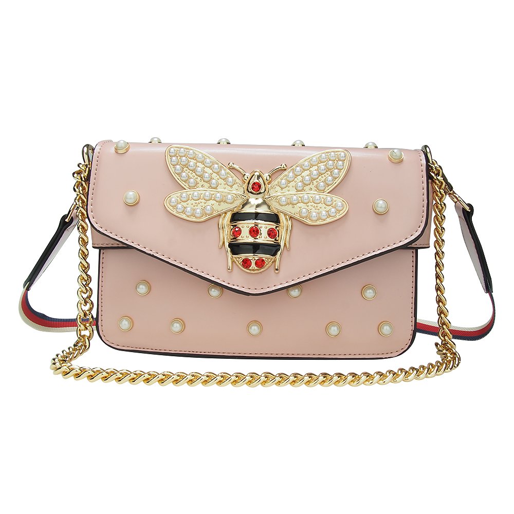 Beatfull Designer Bee Purse Fashion Crossbody Bags with Pearl for Women Pu Leather Shoulder Clutch Handbags - Rose