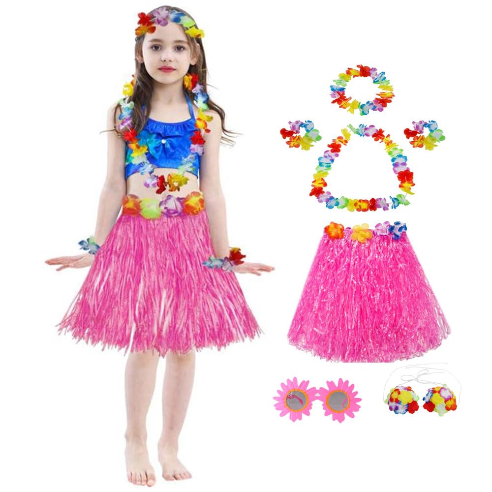Hawaiian Grass Hula Skirt with Flower Costume Set for Girls Luau Party Hawaiian Garland Costume for Dance Performance Hawaiian Theme Party Beach Party Celebration Decorations (pink)