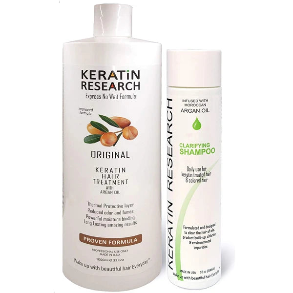KERATIN RESEARCH Keratina Brasilera Tratamiento Capilar por 1000ml con Champú Clarificante, Resultados Profesionales, Alisa y Suaviza el Cabello (Keratina por 1000ml + Champu Clarificante por 300ml)