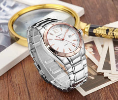 CURREN Men's Analog Watch Stainless Steel Case Rose Gold Bezel Black Dial Date Window Stainless Steel Bracelet - Silver