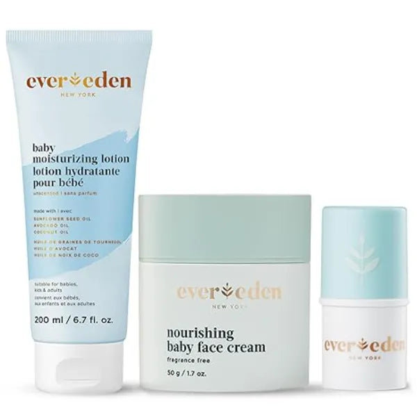 Evereden Baby Hydration Trio Baby Face Cream, Moisturizing Lotion and Lip Balm Clean, Non Toxic, Fragrance Free & Non Greasy Moisture for Newborns and Toddlers