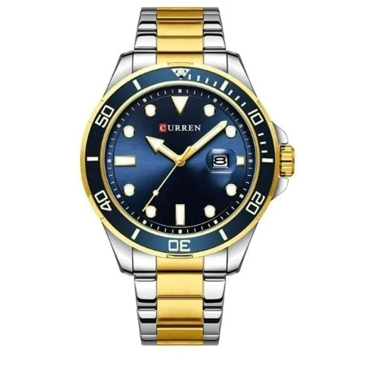 CURREN Men's Analog Watch Stainless Steel Case Blue Dial Date Window Stainless Steel Silver & Goldtone Color Bracelet, Gold Silver Blue, bracelet
