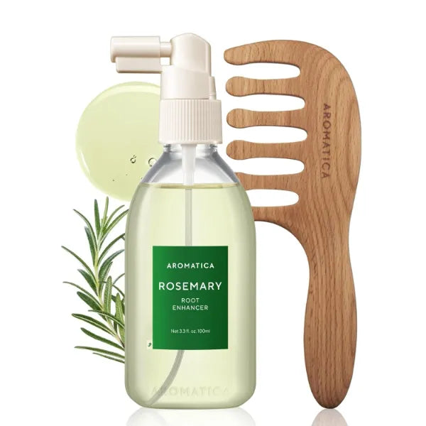 AROMATICA Rosemary Root Enhancer & Wooden Scalp Massager Set - Hair Scalp Massager with Rosemary Water Scalp Serum for Hair Growth, Hair Care for Women, Dry Treatment Set, 100ml
