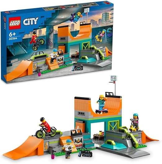 LEGO 60364 City Street Skate Park Set, Toy For Kids Aged 6 Plus Years Old with BMX Bike, Skateboard, Scooter, In-Line Skates and 4 Skater Minifigures to Perform Stunts, 2023 Set