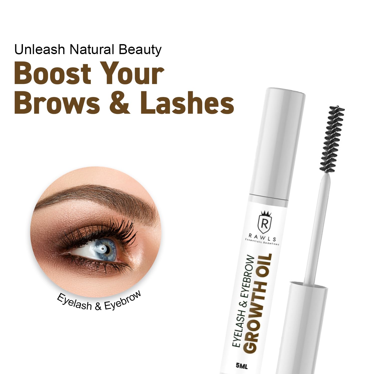 RAWLS Eyebrow & Eyelash Growth Serum - Natural & Organic Formula for Longer, Thicker Lashes & Brows - Nourishing with Castor Oil for eyelashes and eyebrows, Almond Oil and Vitamin E & C - 5 ml