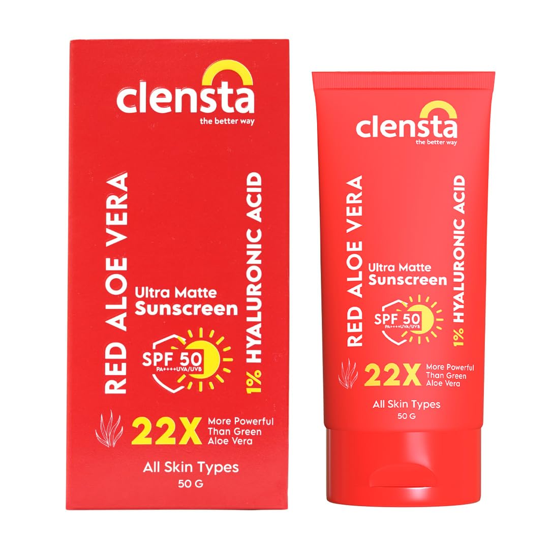Clensta Red Aloe Vera Ultra Matte SPF 50 Sunscreen With 1% Hyaluronic Acid PA++++ UVA/UVB | All Skin Type | Women & Men | 50g