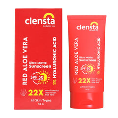 Clensta Red Aloe Vera Ultra Matte SPF 50 Sunscreen With 1% Hyaluronic Acid PA++++ UVA/UVB | All Skin Type | Women & Men | 50g