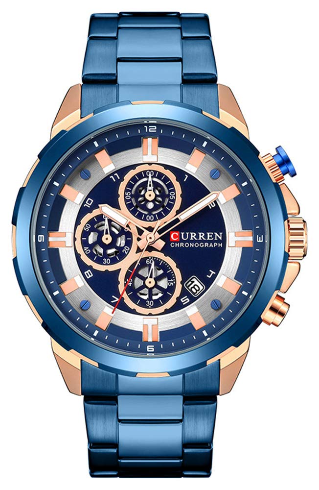 CURREN Watch Men's Luxury Quartz Watch Men's Calendar Chronograph All Stainless Steel Waterproof Watch (Blue)