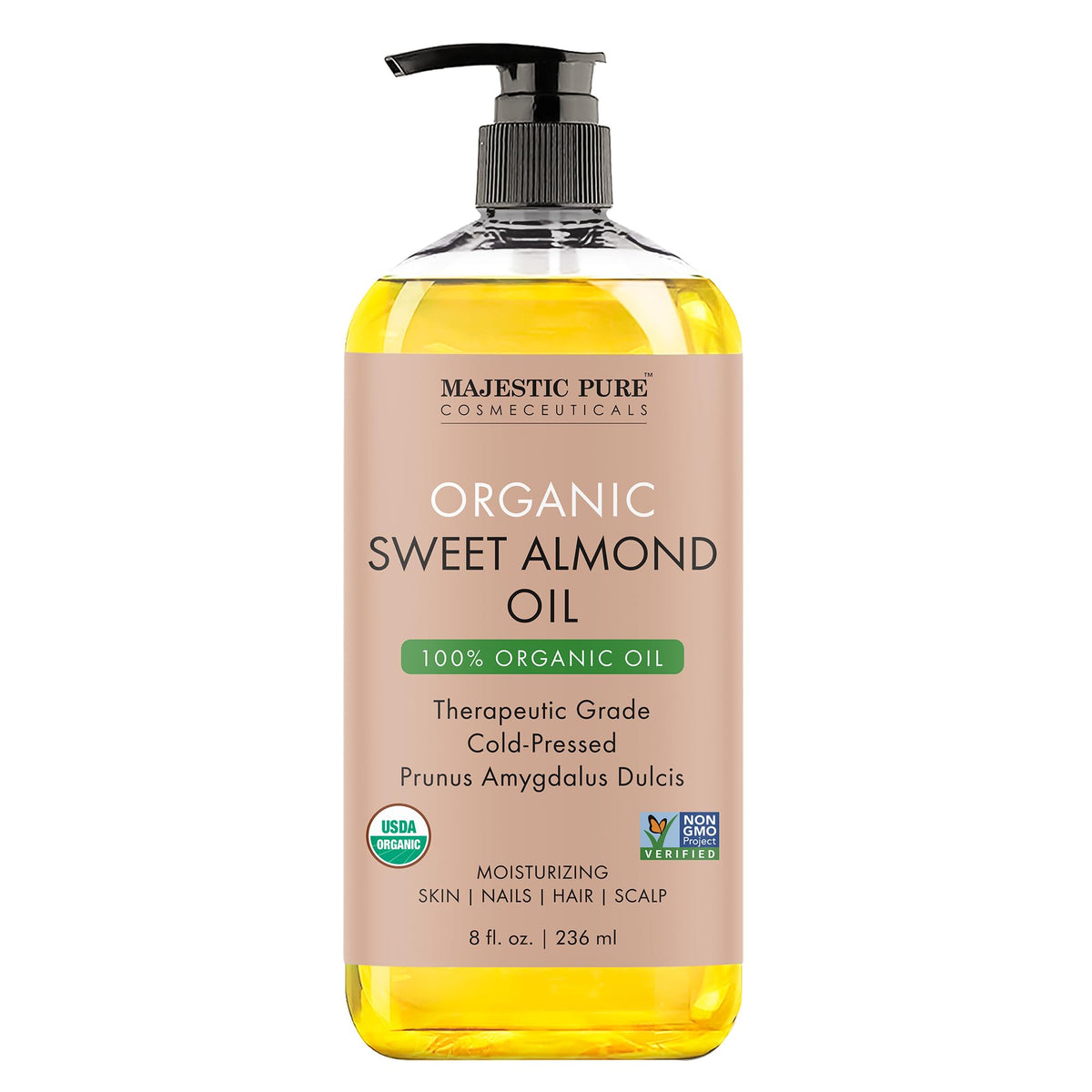Majestic Pure USDA Organic Sweet Almond Body Oil | Large 236 ml | 100% Pure & Natural Cold Pressed Oil Sweet Almond Oil for Skin, Face, Nails, Hair, Scalp & Massage - 236 ml