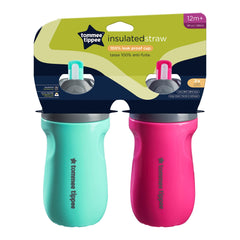 Tommee Tippee Insulated Non-Spill Straw Cup, 12m+ Toddler Training Drinking Bottle, 100% Leak Proof, Sporty Carry Handle, 9oz, Pack of 2, Pink and Mint