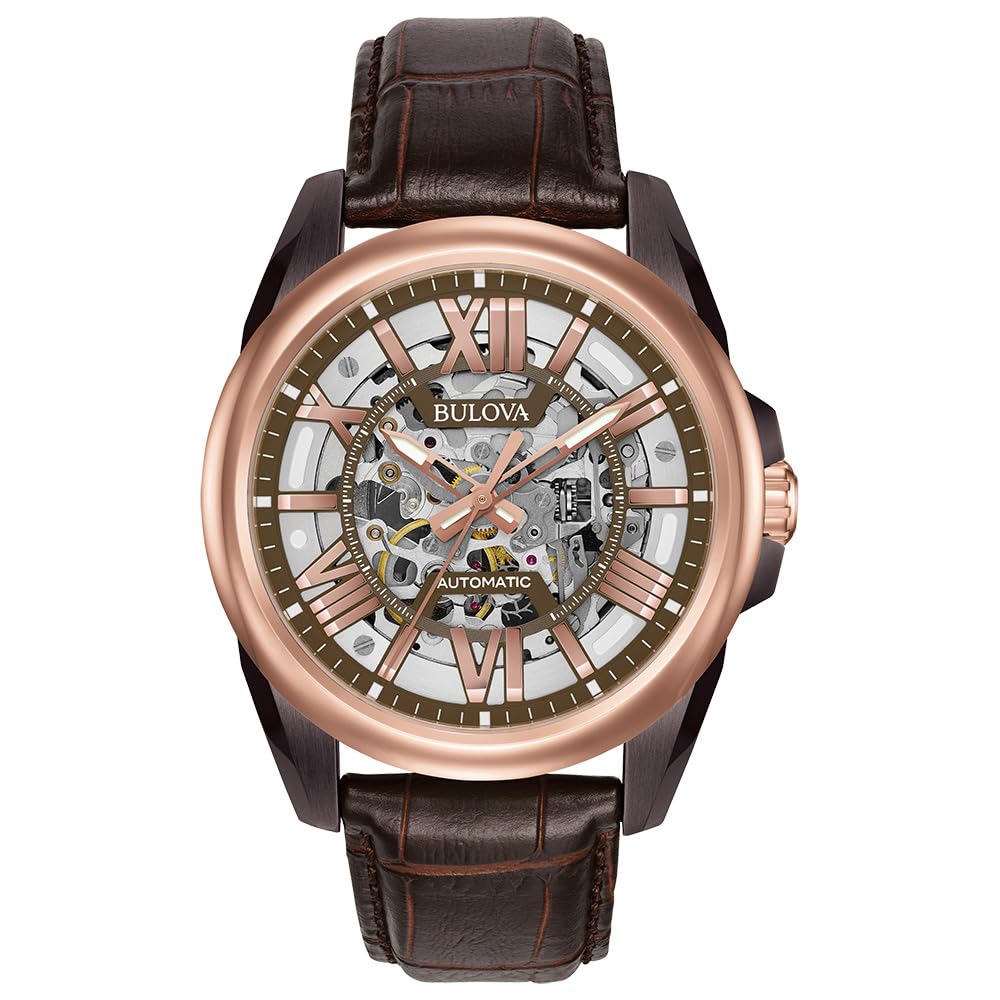 Bulova Men's Classic Sutton 3-Hand 21-Jewel Automatic Watch, 42 Hour Power Reserve, Skeleton Dial, Luminous Hands, 100M Water Resistant, 43mm - Brown