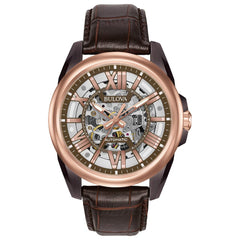 Bulova Men's Classic Sutton 3-Hand 21-Jewel Automatic Watch, 42 Hour Power Reserve, Skeleton Dial, Luminous Hands, 100M Water Resistant, 43mm - Brown