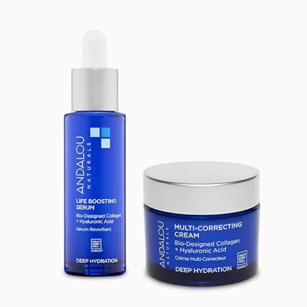 Andalou Naturals Deep Hydration Skincare Bundle, Hyaluronic Acid & Vegan Collagen Multi-Correcting Cream Face Moisturizer, 1.7 fl oz + Deep Hydration Life Boosting Hydrating Face Serum, 1 Fl. Oz.