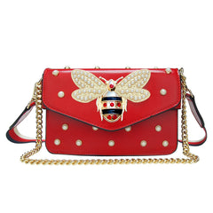 Beatfull Designer Bee Purse Fashion Crossbody Bags with Pearl for Women Pu Leather Shoulder Clutch Handbags - Red