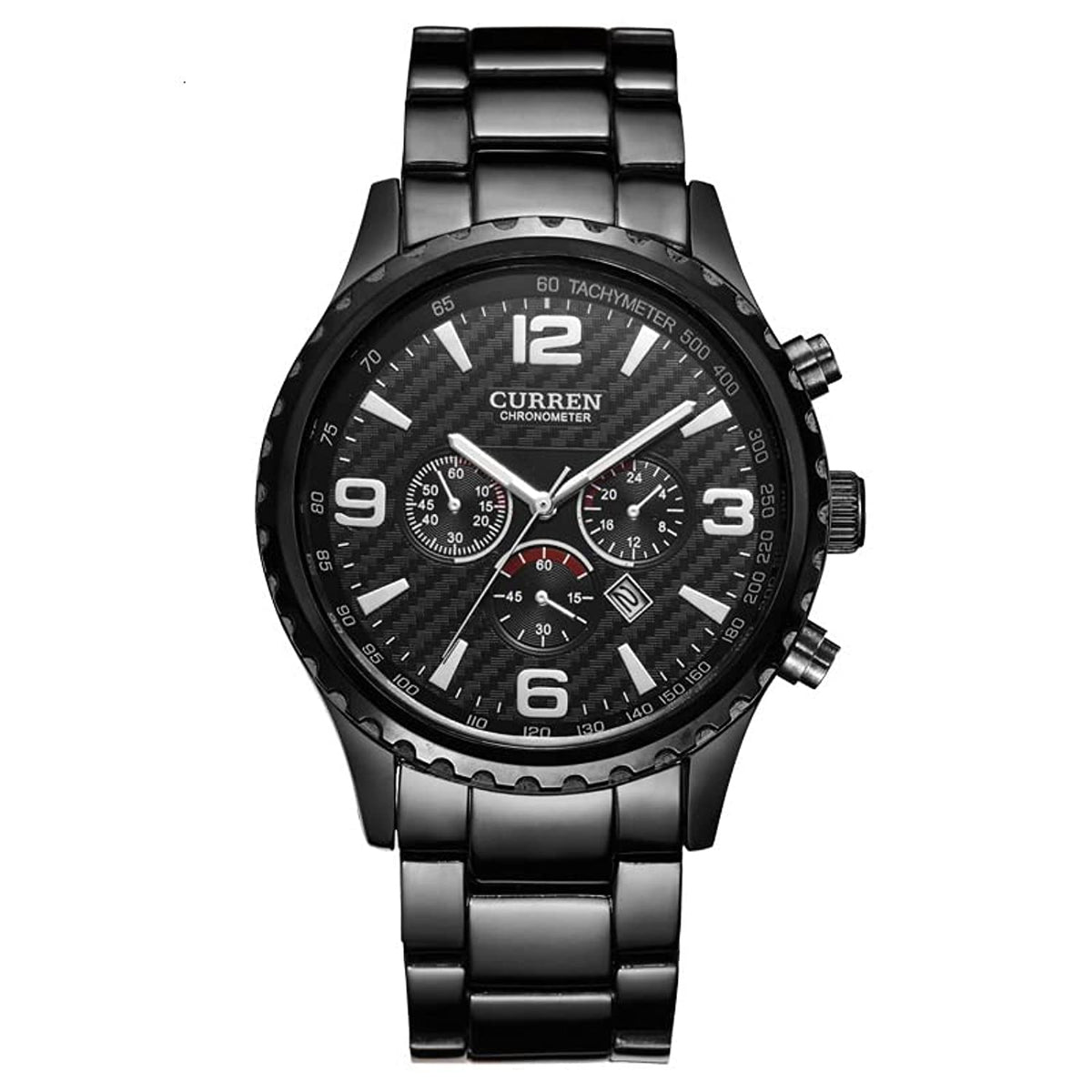 CURREN Men's Chrono Watch Black Stainless Steel Case White Dial 3 Subdial Date Window Black Stainless Steel Case - Black