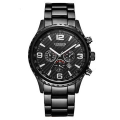 CURREN Men's Chrono Watch Black Stainless Steel Case White Dial 3 Subdial Date Window Black Stainless Steel Case - Black