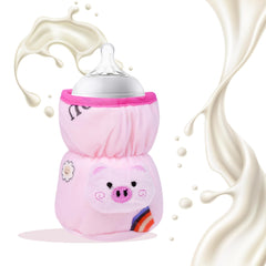 THE LITTLE LOOKERS Soft Plush Stretchable Baby Feeding Bottle Cover with Easy to Hold Strap | Cute Animated Overall Print Pack of 3 (Multicolor, Wide Neck 125ml/4OZ)