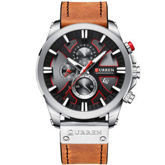 CURREN Mens Water Resistant Sport Chronograph Watches Military Multifunction Leather Quartz Wrist Watches, silver brown, Chronograph,Quartz Movement
