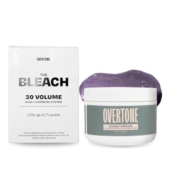 Overtone Color Depositing Semi-Permanent Hair Dye Conditioner - 8 oz For Natural & Color-Treated Hair, The Bleach 30 Volume Hair Lightening Kit - Professional-Grade Included - Stormy sterling