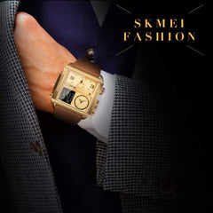 SKMEI Men's Digital Sports Watch, LED Square Large Face Analog Quartz Wrist Watch with Multi-Time Zone Waterproof Stopwatch - multi