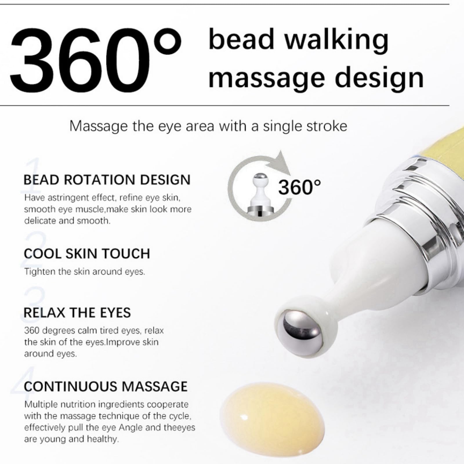 Snail Peptide Eye Serum, Mucin Eye Cream, Under Eye Roller Cream to Reduce Dark Circles Puffiness Wrinkles Fine Lines, Niacinamide Eye Essence with 360° Massage Ball, Roll-On for Moisturizing Firming