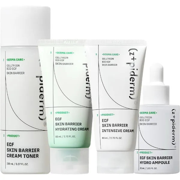 Zipiderm EGF Skin Barrier Complete Moisture Set – Toner + Hydro Ampoule + Hydrating Gel Cream + Intensive Cream, Korean 4-Step Hydration Layering & Barrier Care for Sensitive & Dry Skin