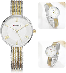 CURREN Ladies Analog Watch Silver Stainless Steel Case White Dial Gold & Silver Stainless Steel Bracelet