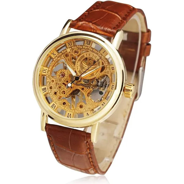 Mens Watches, KASTWAVE Men Skeleton Round Dial Automatic Mechanical Wrist Watch with PU Band Waterproof Sports Business Analog Dial Stainless Steel Band Strap Wrist Watch for Men (Golden+Brown)