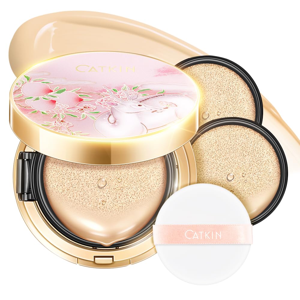 CATKIN PEACH BLOSSOM Skincare BB Cream Air Cushion Foundation, Matte Oil-control Concealer for All Skin Types, Refillable Foundation Makeup 13g*3 (C01)