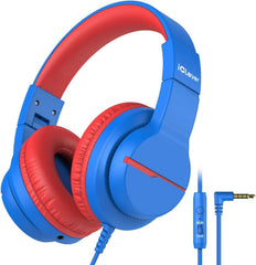 iClever Kids Headphones with Microphone for School, Volume Limiter 74/85dBA, Over-Ear Boys Headphones for Kids with Shareport, Wired Headphones for iPad/Fire Tablet, Blue