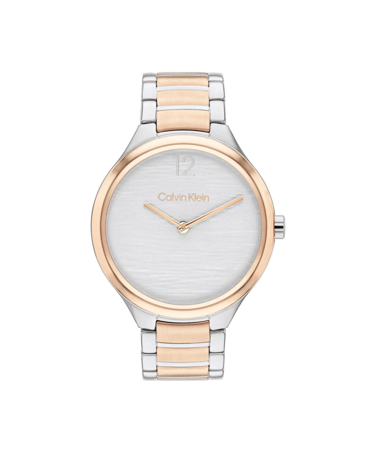 CALVIN KLEIN WOMEN'S SILVER WHITE DIAL STAINLESS STEEL & IONIC PLATED ROSE GOLD STEEL BRACELET WATCH - 25100049