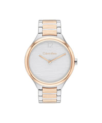 CALVIN KLEIN WOMEN'S SILVER WHITE DIAL STAINLESS STEEL & IONIC PLATED ROSE GOLD STEEL BRACELET WATCH - 25100049