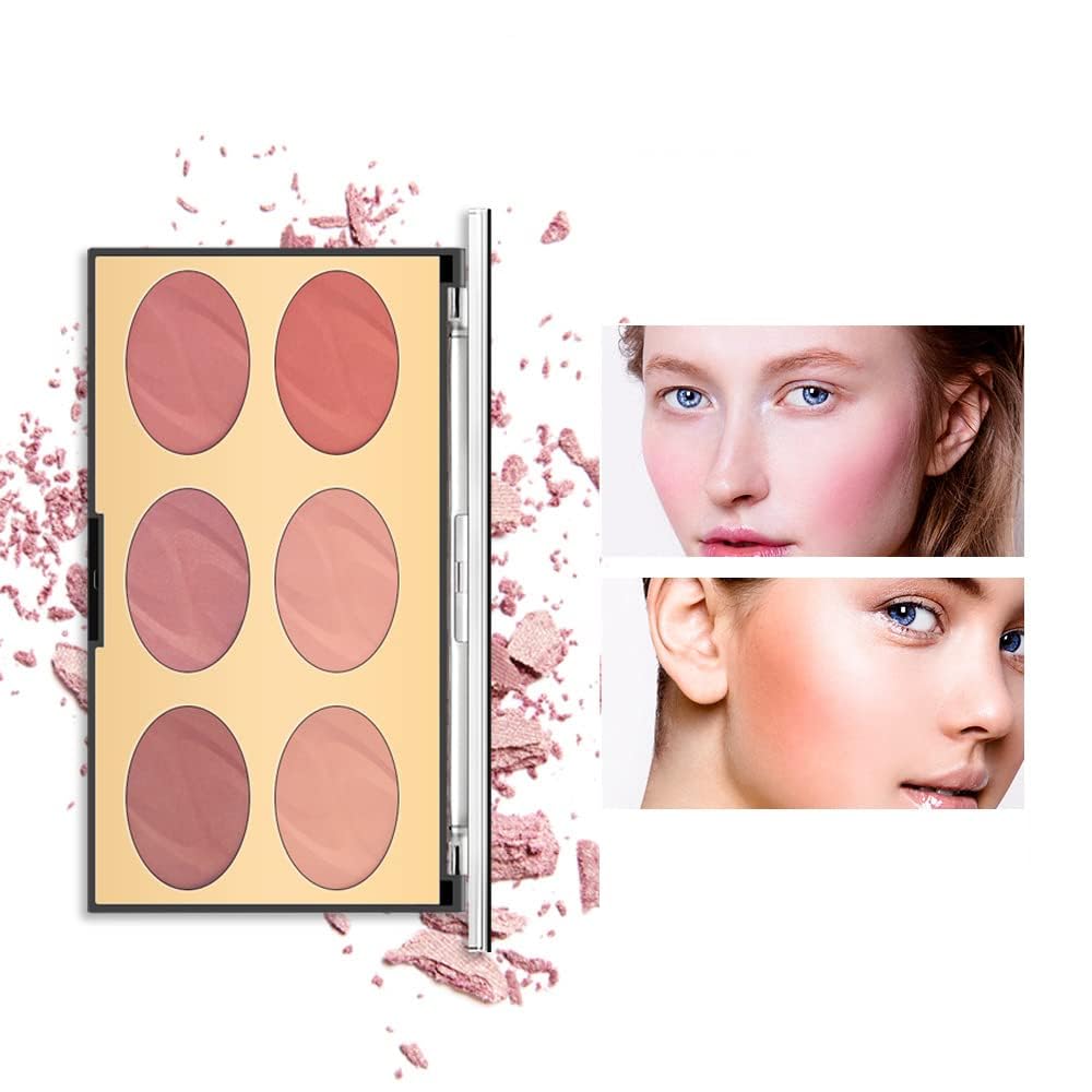 Azonee 6 Color Blush Palette, Contour Makeup Palette Versatility Face Shaping Pigmented Matte Smooth Natural Long Lasting Powder Blushing Pallet, Professional Facial Makeup Blush