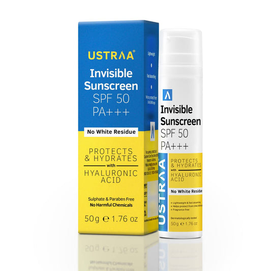 Ustraa Invisible Sunscreen SPF 50 & PA+++ for All Skin Types - 50g | Lightweight, Fast Absorbing, No White Residue | Fragrance-Free | Suitable for Men & Women | Anti-Inflammatory Protection
