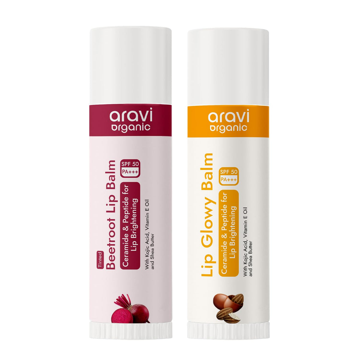 Aravi Organic Beetroot Tinted & Non-Tinted Lip Balm Combo | SPF 50 PA+++ for Sun Protection | Reduces Pigmentation & Hydrates Dry, Chapped Lips | Enriched with Kojic Acid, Ceramide & Peptide | 5g Each