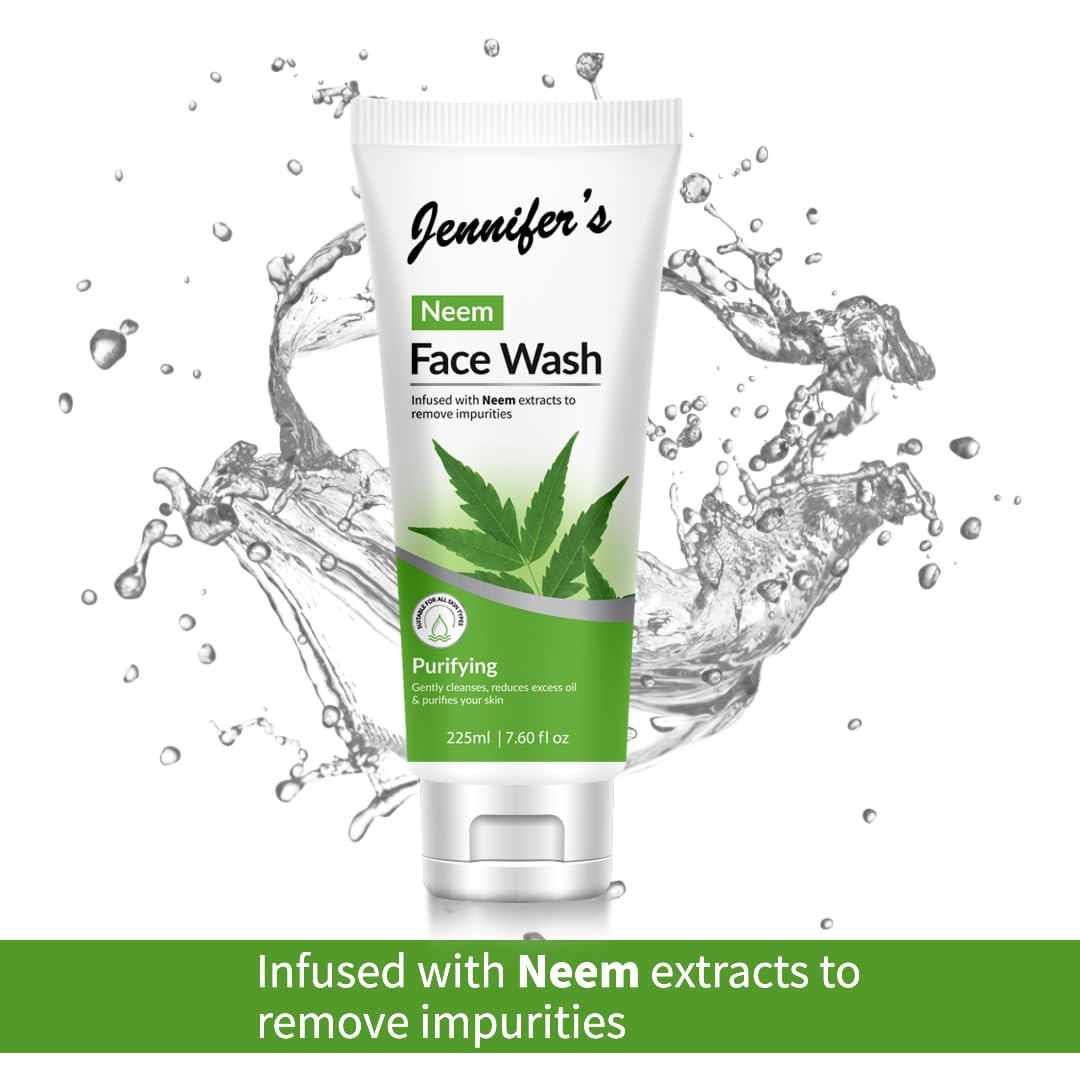 Jennifer's Face Wash Neem 225 ML - Infused with Neem Extracts, Purifying & Gentle Cleanser, Reduces Excess Oil, Suitable for All Skin Types