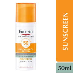 Eucerin Face Sunscreen Oil Control Tinted Gel-Cream Dry Touch, High UVA/UVB Protection, SPF 50+, Color Pigments for Dual Effect, Immediately Covers Skin Imperfections, For Oily Acne-Prone Skin, 50ml