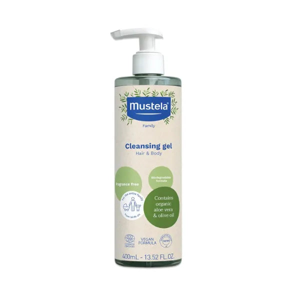 Mustela Certified Organic Cleansing Gel - Natural Hair & Body Wash with Olive Oil & Aloe Vera - For Baby, Kid & Adult - Fragrance Free, Tear Free, Vegan & Biodegradable - 400ML