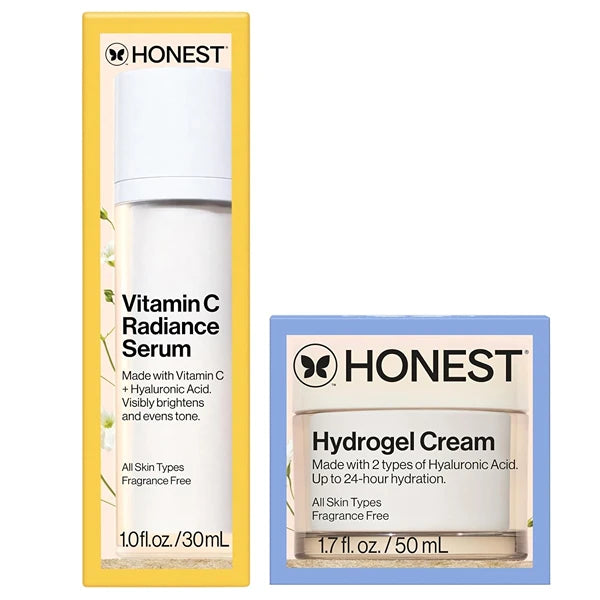 Honest Beauty Moisturizing Hydrogel Cream + Vitamin C Brightening Serum Bundle | Gentle for Sensitive Skin, Fragrance Free, Vegan | 1.7 fl oz, 1 fl oz