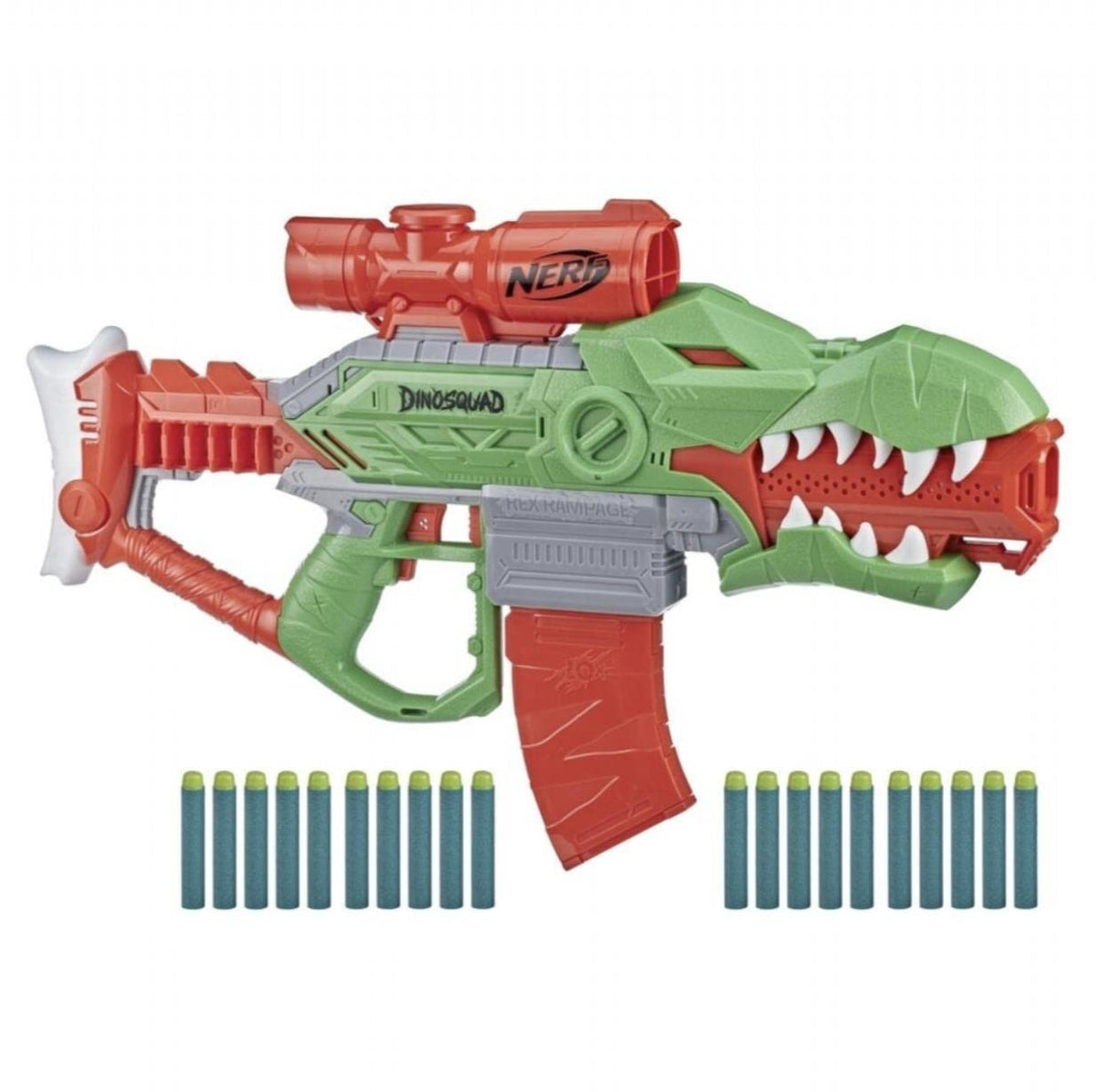 Nerf Dinosquad Rex RAMpage Motorized Dart Blaster, 10 Dart Clip, 20 Official Nerf Darts, 10 Dart Storage T Rex Dinosaur Design, Multicolour, F0807F03