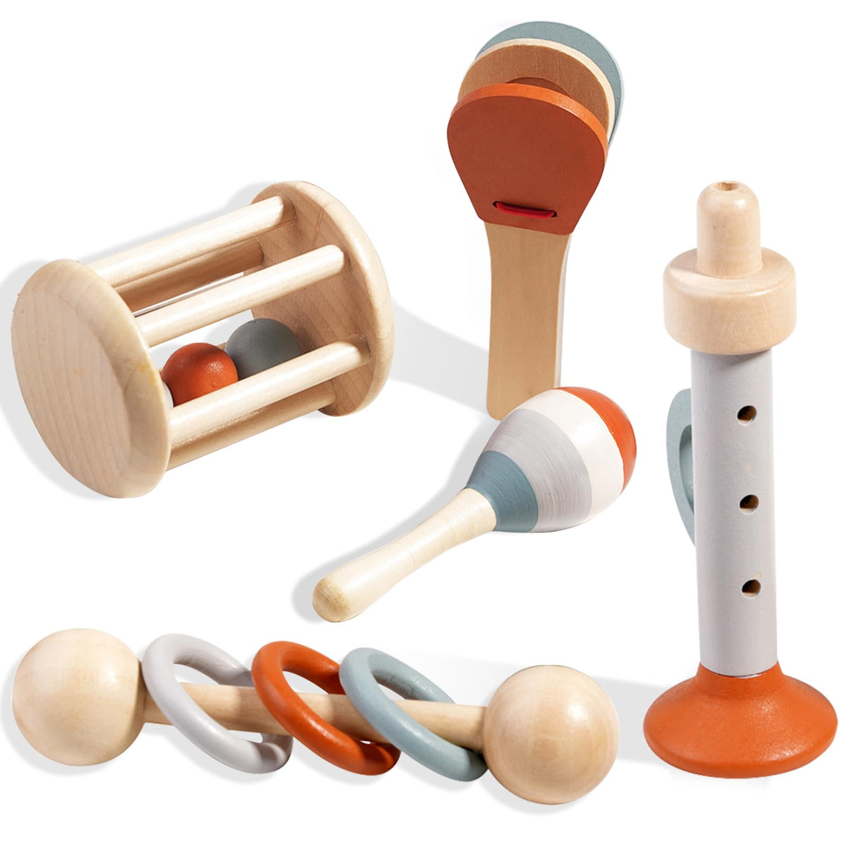 Montessori Wooden Toys for Baby, Wooden Baby Rattle Toys Set, 5pcs Wooden Music Alinstrument Toys with Trumpet, Maracas, Castanets, Three-Ring Rattle, Cage Rattles, Montessori Toys for Babies 0-