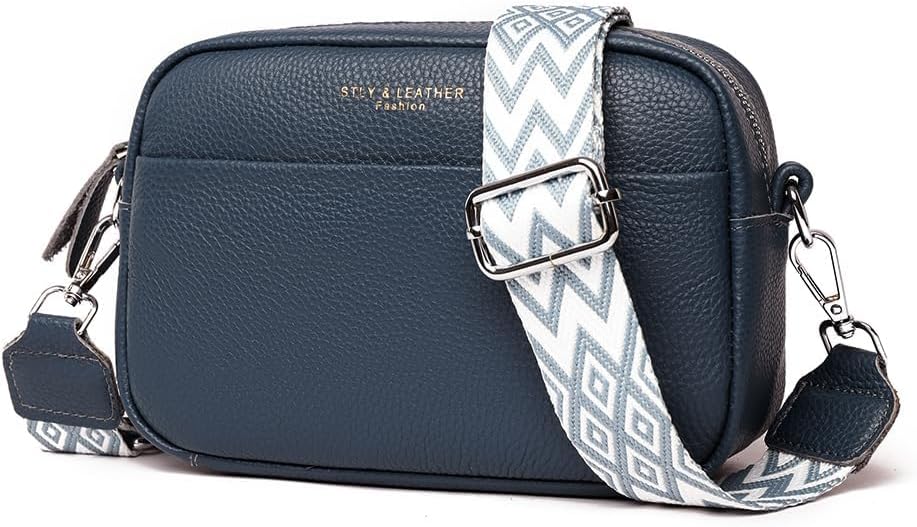 Efilra Small Crossbody Bag for Women, Genuine Leather Camera Bag Purse Crossbody, Women's Crossbody Handbag with Guitar Strap - Blue
