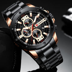 CURREN Anself 8336 Men Quartz Watch Stainless Steel Band Fashion Multifunction Wristwatch 3ATM Chronograph Calendar Date Watches - Black