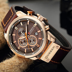 CURREN Mens Water Resistant Sport Chronograph Watches Military Multifunction Leather Quartz Wrist Watches (gold brown)