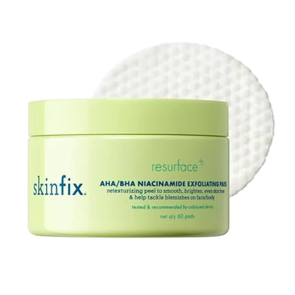 Skinfix AHA/BHA Niacinamide Exfoliating Pads 60 Pads Visibly Reduces Discoloration, Removes Dead Skin, Releases Ingrown Hairs & Unclogs Pores with Lactic Acid