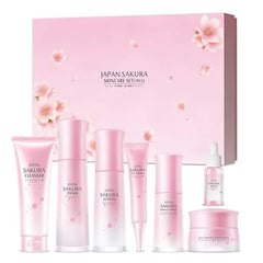 LAIKOU JAPAN SAKURA Skin Care, Skin Care Set with Cleanser, Toner, Lotion, Eye Cream, Makeup Primer, Essence Cream and Serum for Women Mother's Day Valentine's Day Christmas Birthday Beginner Kit 7pcs